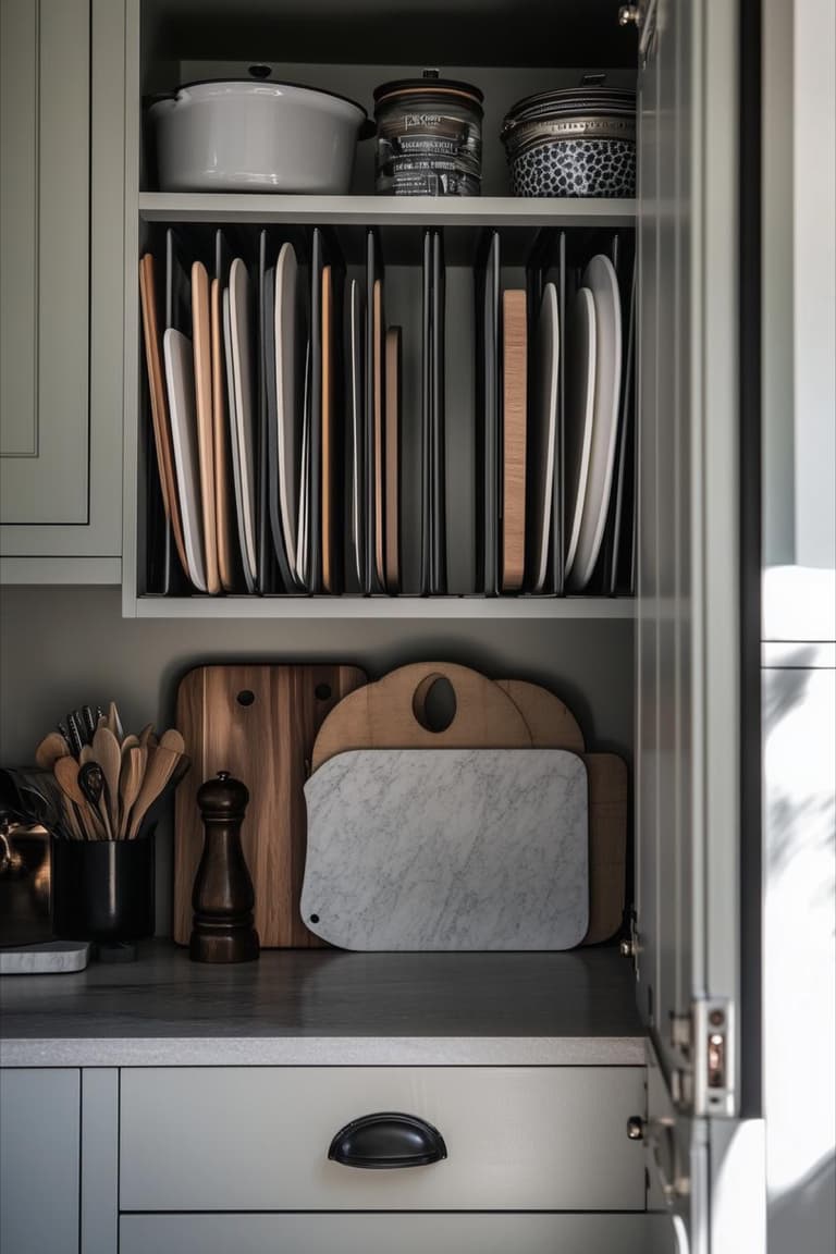 placard de cuisine organisé avec planches à découper rangées verticalement, cocotte blanche, ustensiles en bois et tiroir gris vert