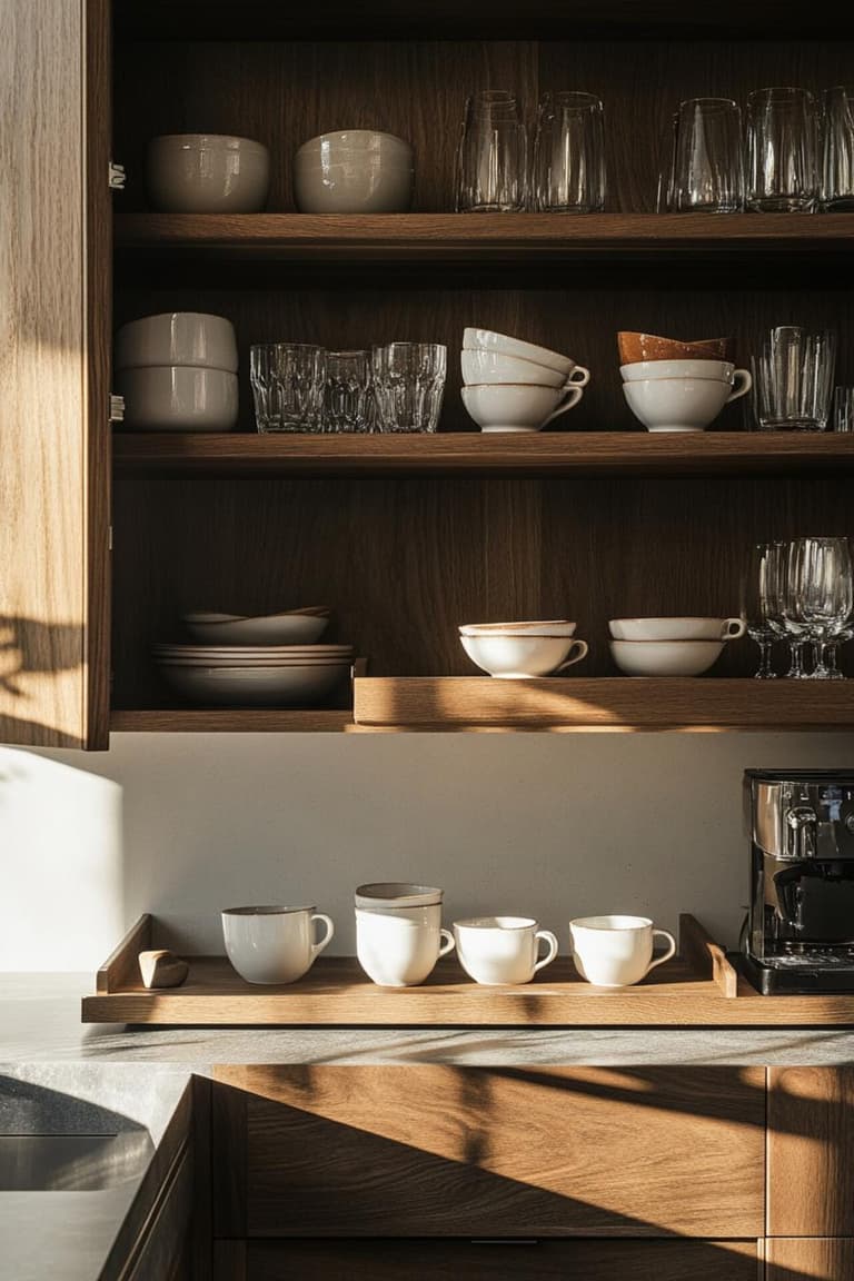 placard en bois ouvert avec verres, bols, tasses et plateau café rangés par zone dans une cuisine chaleureuse