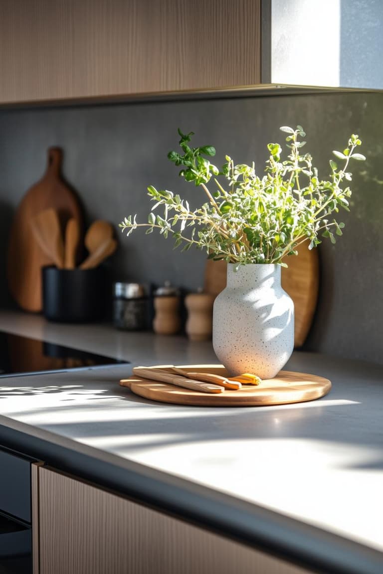 plan de travail de cuisine dégagé avec vase d’herbes aromatiques, planche en bois et lumière naturelle