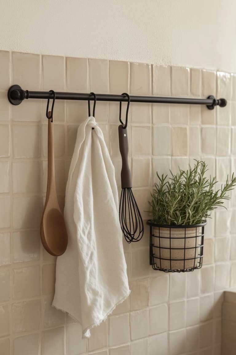 rail de crédence noir sur carrelage clair avec cuillère en bois, torchon, fouet et panier d’herbes aromatiques