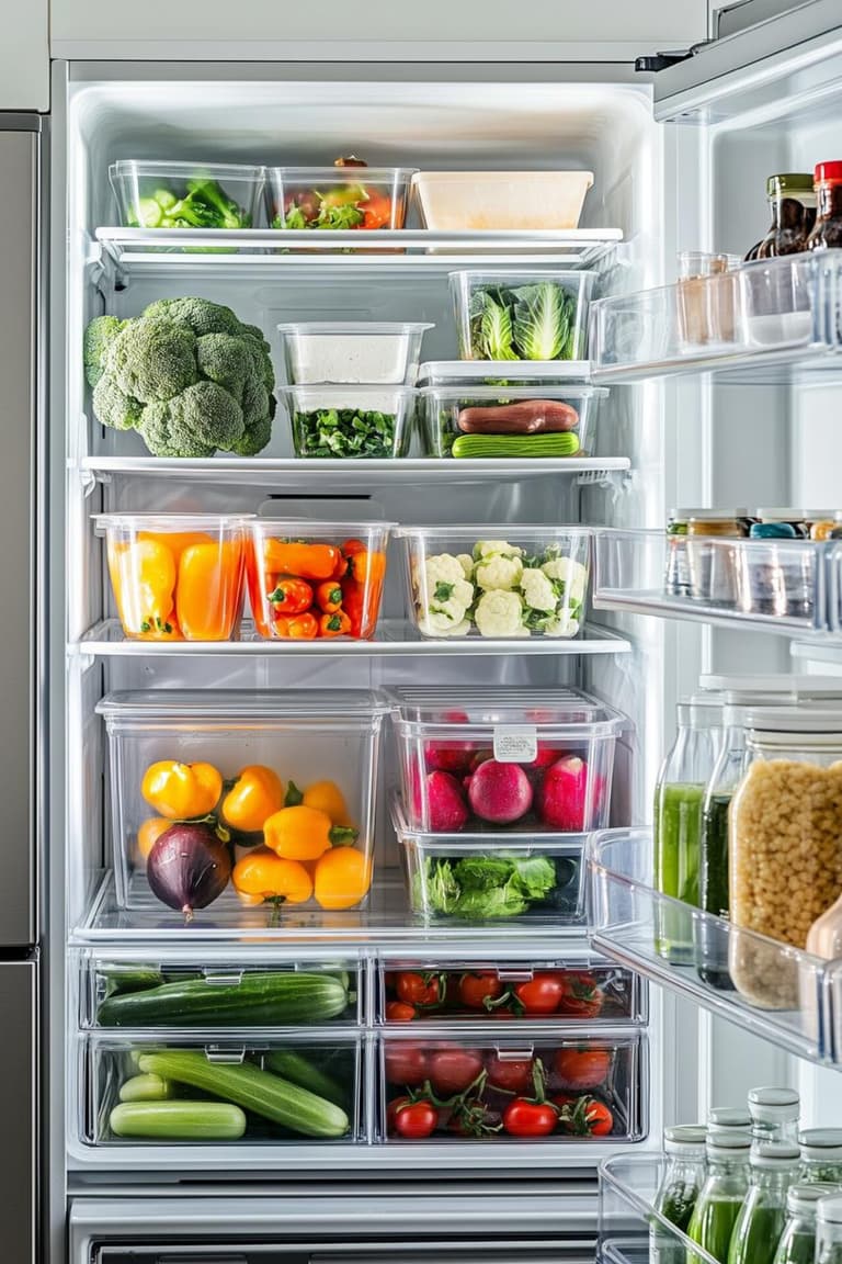 réfrigérateur organisé avec légumes frais et restes rangés dans des boîtes transparentes empilables