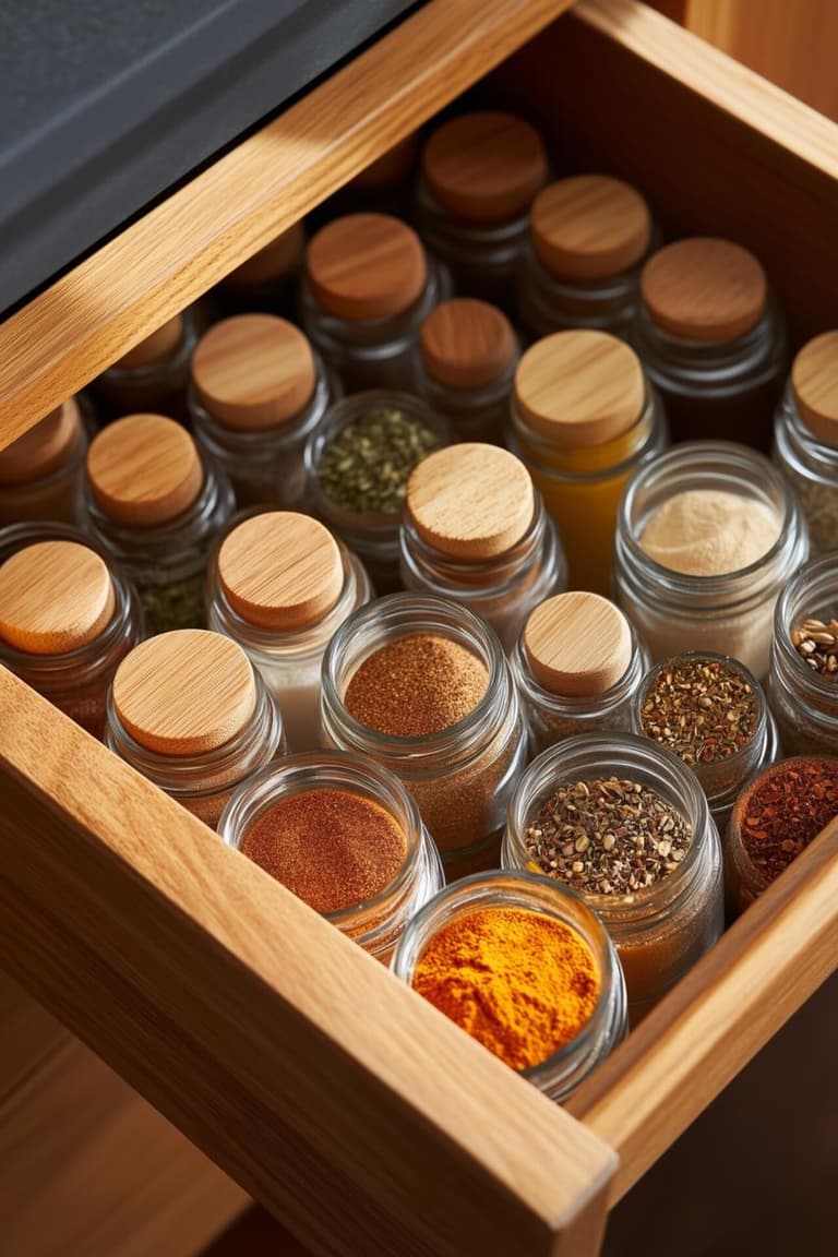 tiroir de cuisine rempli de bocaux à épices avec couvercles en bois, rangés pour voir les couleurs et ingrédients