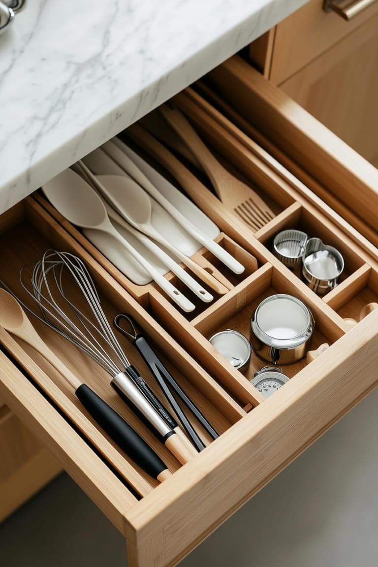 tiroir de cuisine en bois avec séparateurs pour fouets, spatules, cuillères et petits accessoires de pâtisserie