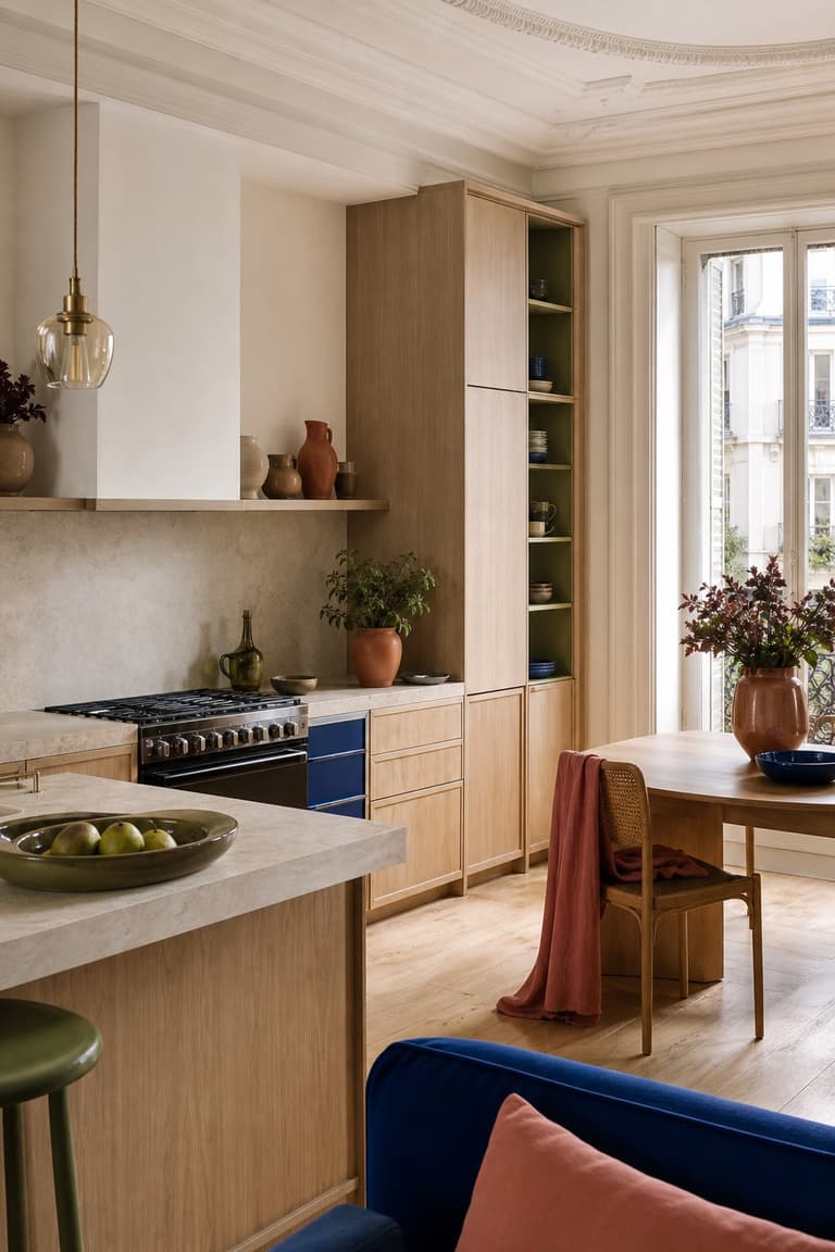 Cuisine parisienne en bois clair ponctuée de bleu cobalt, de vert olive et de rose terre cuite