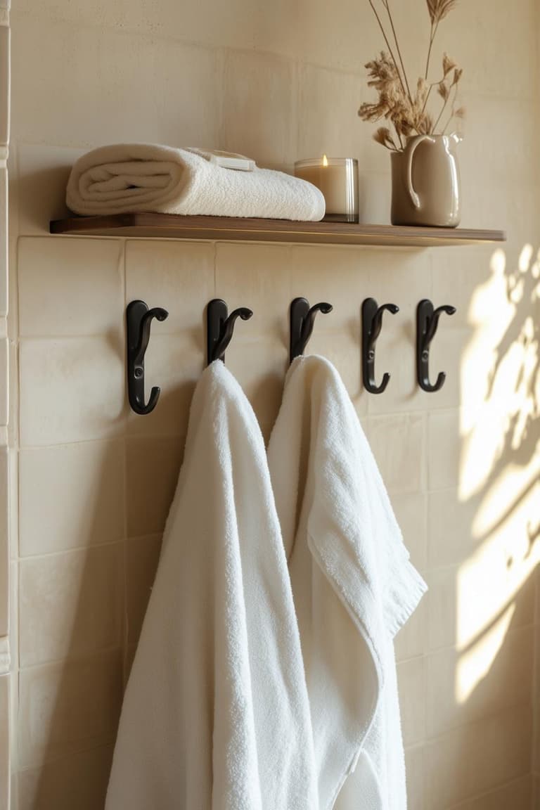 Rangement mural de salle de bain avec patères noires, serviettes blanches suspendues, tablette en bois et lumière naturelle.