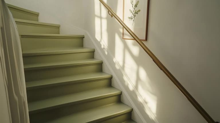 peindre un escalier en vert sauge avec rampe en bois et lumière naturelle sur les marches