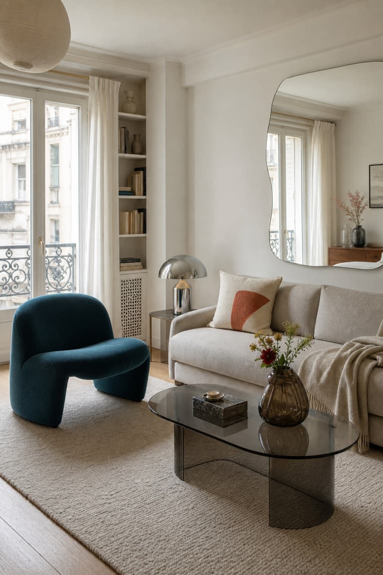 Petit salon clair avec fauteuil bleu sculptural, lampe chromée, miroir ondulé et table basse en verre fumé