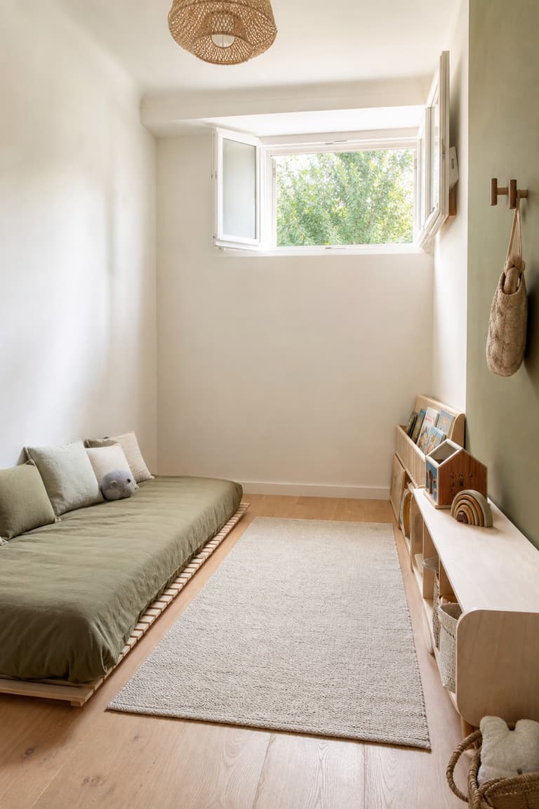 Petite chambre Montessori avec lit bas ventilé, rangements peu profonds, bibliothèque de face et espace central libre pour jouer.