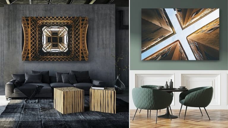 Deux intérieurs contemporains décorés de grandes photographies d’art encadrées