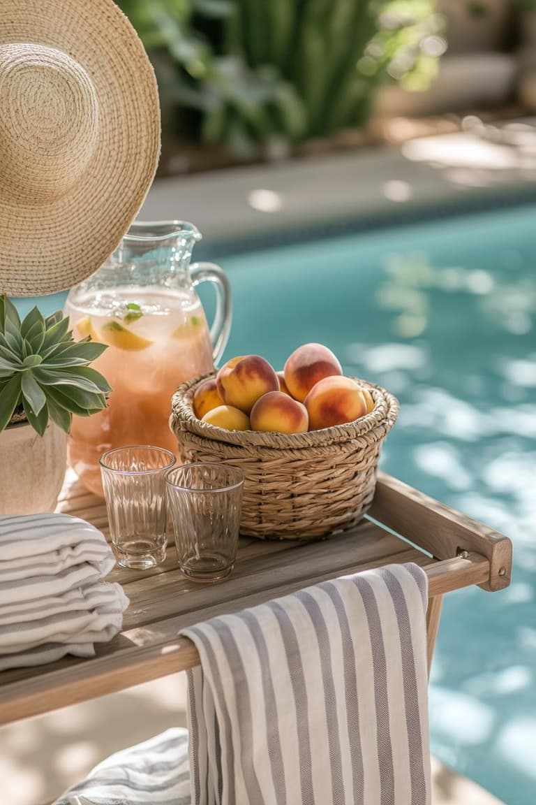 plateau en bois au bord de la piscine avec panier de pêches, pichet de boisson fraîche, verres, serviettes rayées et chapeau de paille