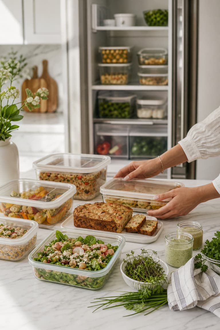 préparation d’un buffet froid la veille dans une cuisine avec salades, cake et sauces rangés dans des contenants fermés