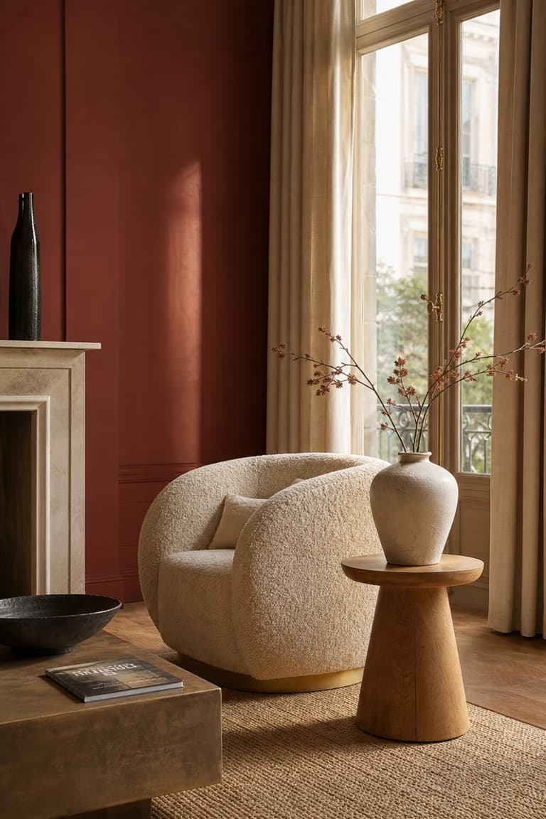 Coin salon avec mur rouge brique, fauteuil bouclette crème, bois clair et tapis en jute