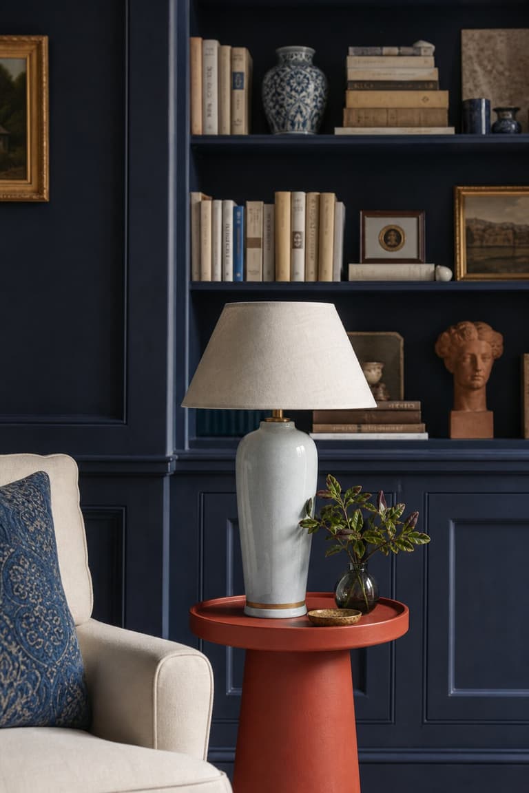 Bibliothèque bleu marine avec petite table rouge terracotta, lampe en céramique claire et objets décoratifs