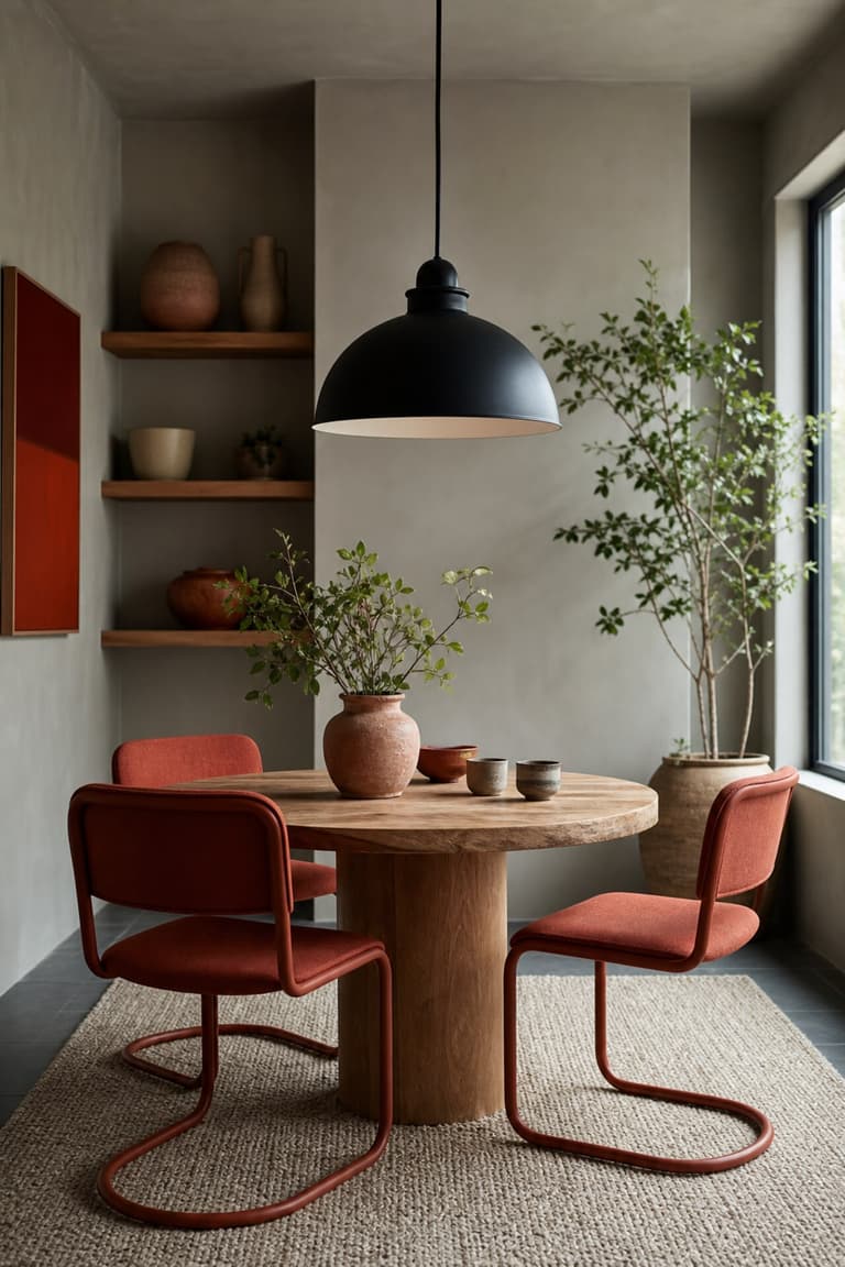 Coin repas avec chaises rouge terracotta, murs gris chaud, table en bois ronde et suspension noire