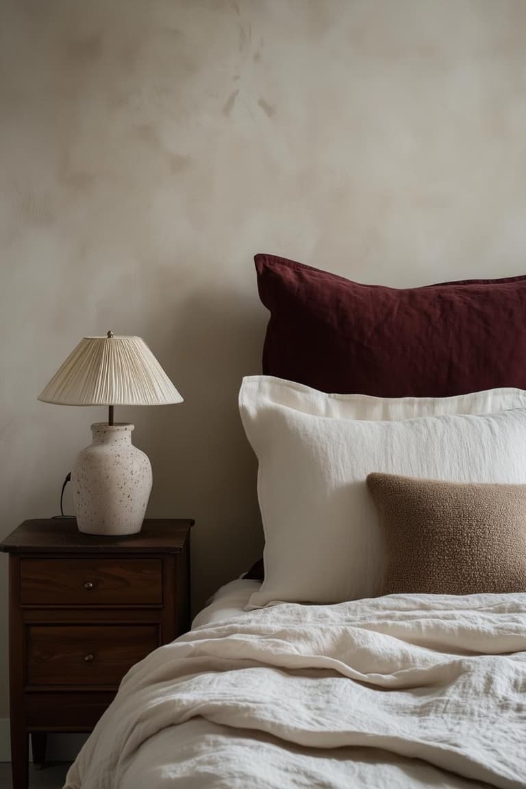 Chambre chaleureuse avec linge de lit ivoire, coussin bordeaux, coussin taupe, lampe plissée et table de nuit en bois foncé