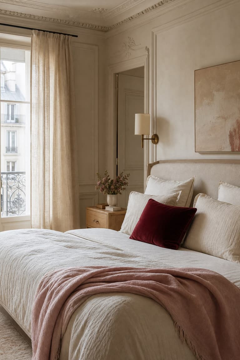 Chambre lumineuse avec linge de lit beige, coussin bordeaux, plaid rose poudré et bois clair
