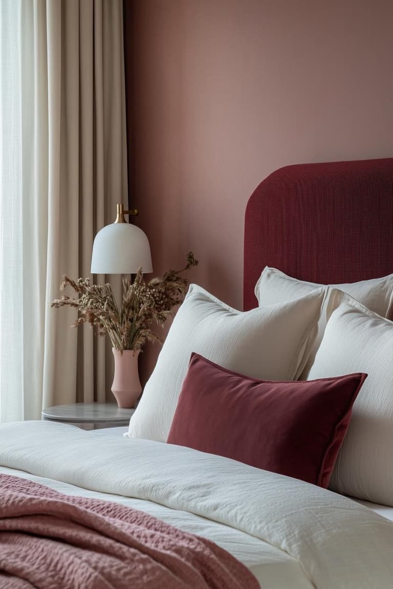 Chambre douce avec tête de lit bordeaux, linge de lit blanc, plaid rose poudré, vase rose et fleurs séchées