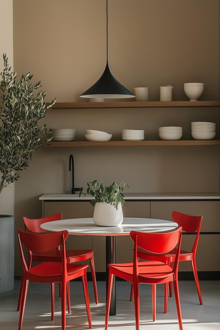 Coin repas moderne avec table ronde blanche, chaises rouges brillantes, étagères en bois et vaisselle blanche