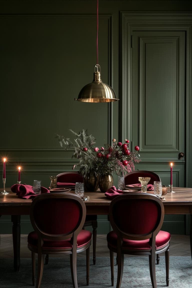 Salle à manger élégante avec murs vert olive, chaises bordeaux, table en bois foncé, suspension laiton et bougies rouges