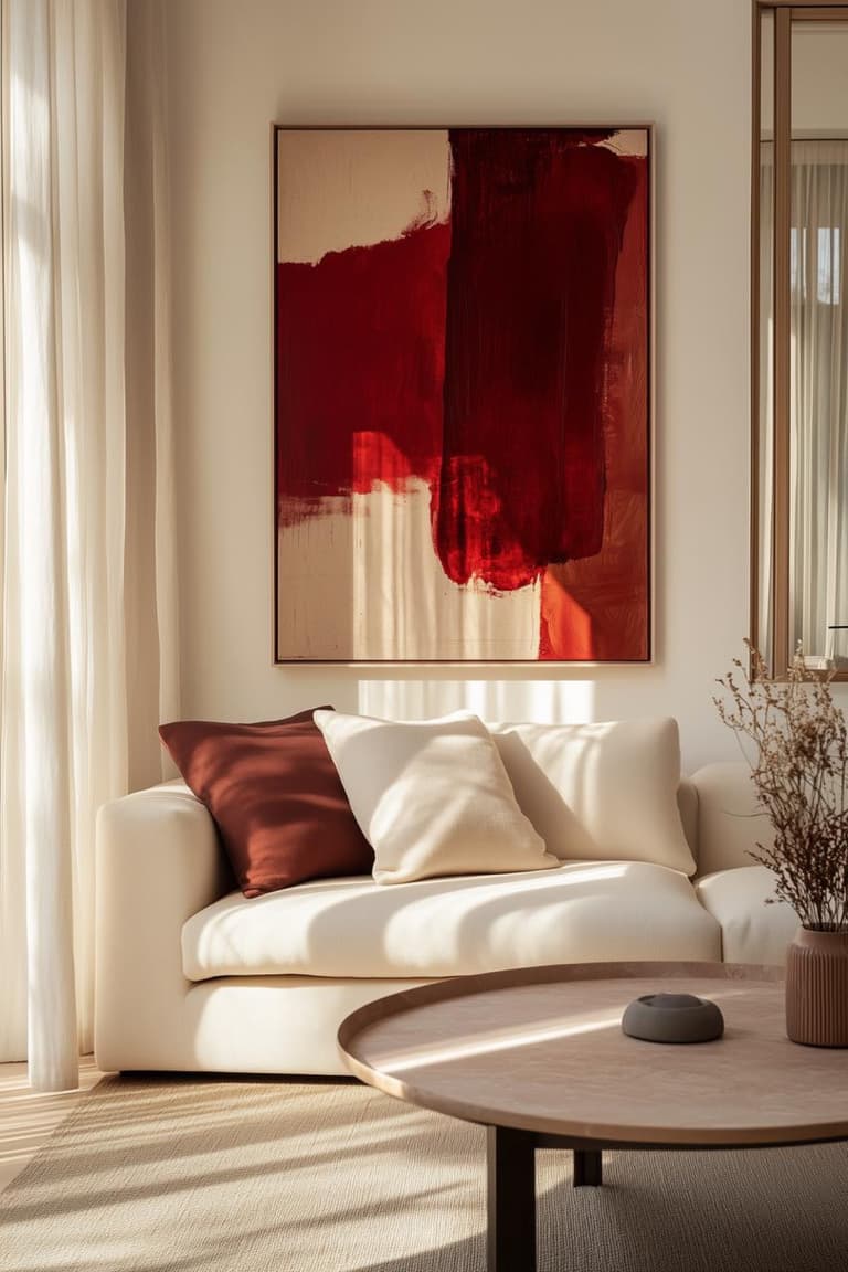 Salon lumineux aux tons beige et crème avec canapé arrondi, coussin bordeaux et grand tableau abstrait rouge au mur