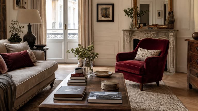 Salon élégant avec fauteuil en velours rouge, canapé beige, bois foncé et lumière naturelle