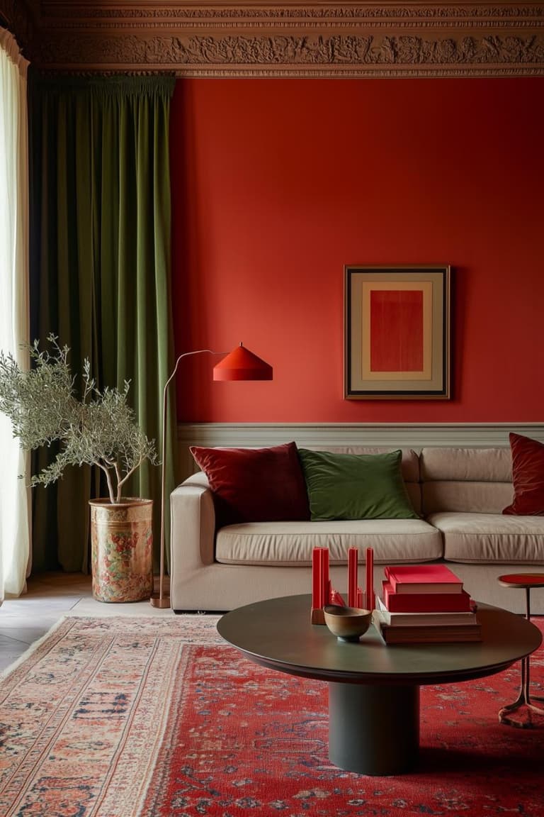 Salon élégant avec mur rouge profond, rideaux vert olive, canapé crème, coussins bordeaux et table basse foncée