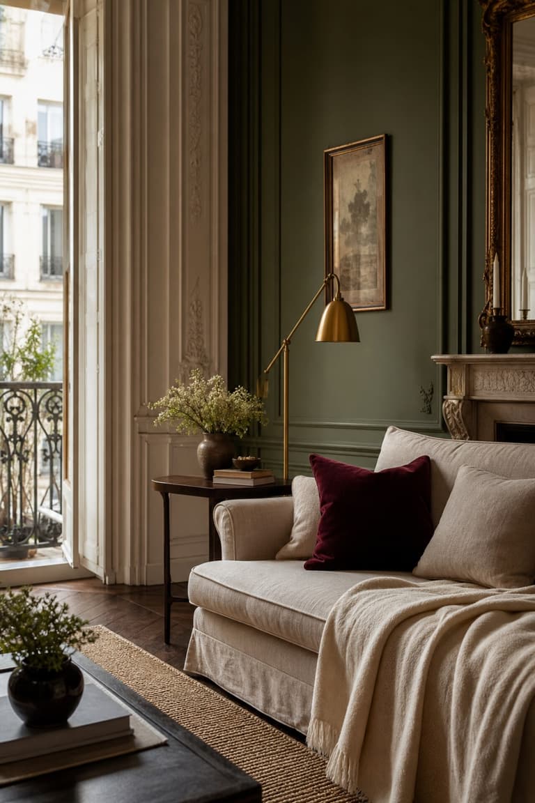 Salon chic avec mur vert olive, coussin bordeaux, canapé clair, laiton et bois foncé