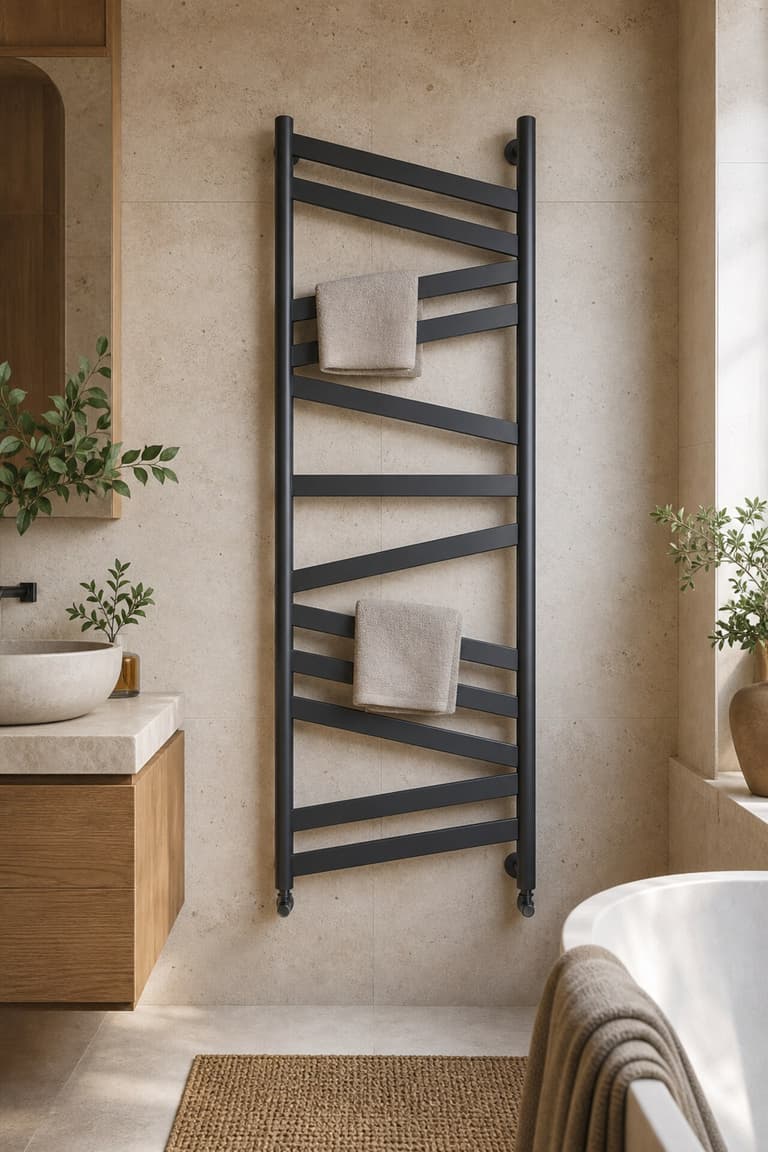 Radiateur sèche-serviettes Kazeane anthracite dans une salle de bain en travertin et bois