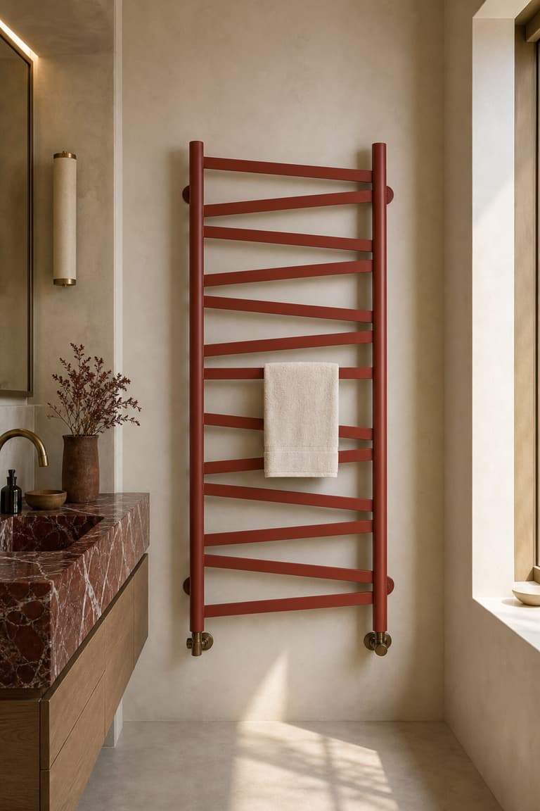Radiateur sèche-serviettes Kazeane terracotta dans une salle de bain crème avec vasque en pierre