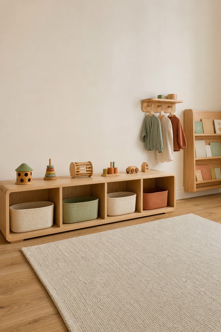 Meuble bas en bois avec paniers, jouets espacés, petite penderie et bibliothèque de face dans une chambre Montessori organisée.