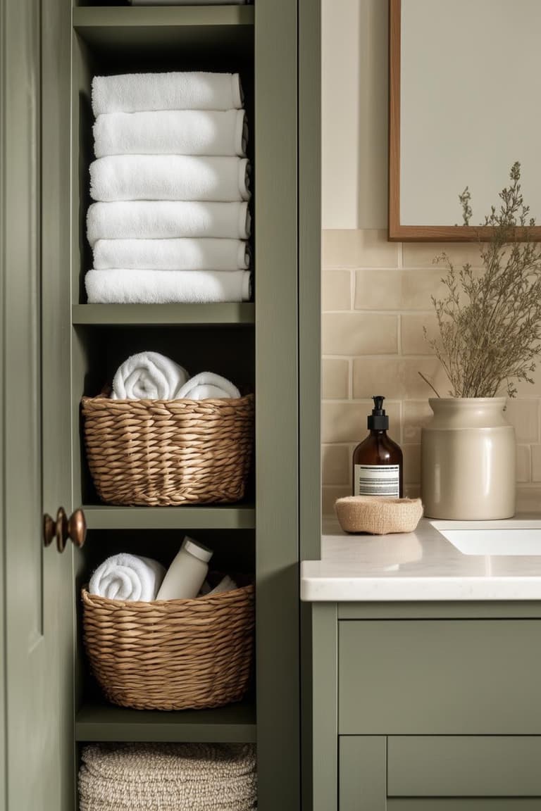 Colonne de salle de bain vert sauge avec serviettes blanches pliées, paniers en fibres naturelles et meuble vasque assorti.