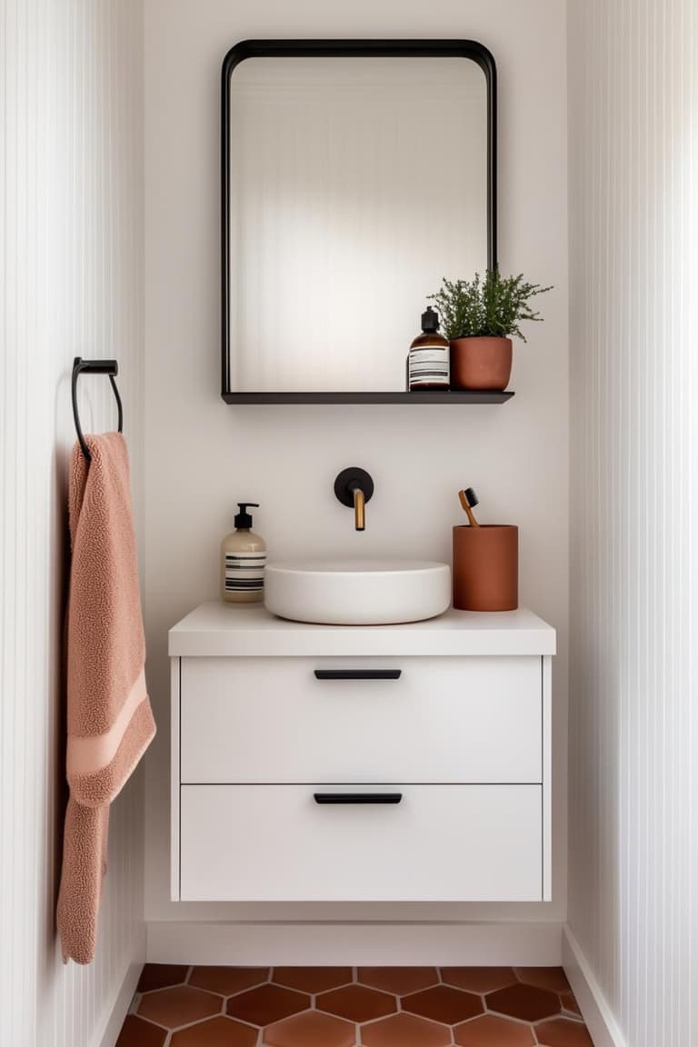 Meuble vasque blanc suspendu avec deux tiroirs, miroir noir, serviette rose et sol terracotta dans une petite salle de bain lumineuse.