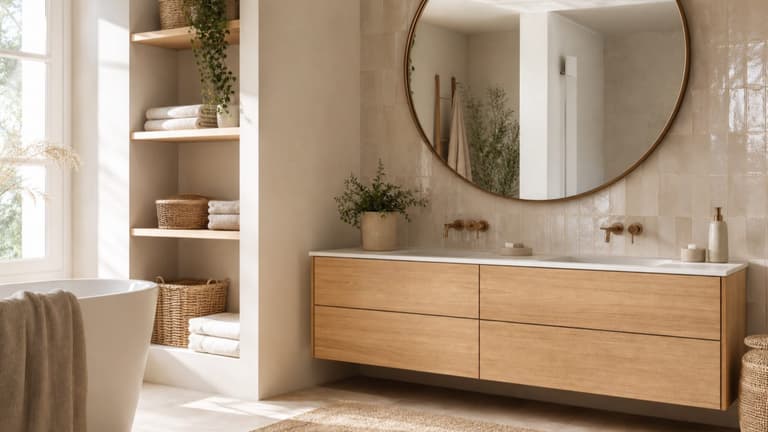 Rangement salle de bain dans une pièce lumineuse avec meuble vasque en bois clair, miroir rond, étagères et paniers naturels.