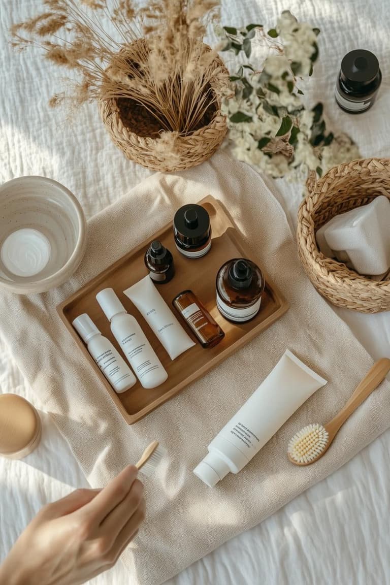 Plateau en bois avec soins, brosse et paniers tressés pour organiser les petits produits dans une salle de bain douce et naturelle.