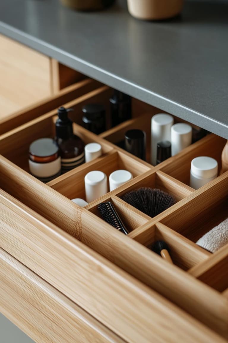 Rangement salle de bain avec séparateurs de tiroir en bois pour classer soins, brosses, flacons et serviettes sous le plan vasque.