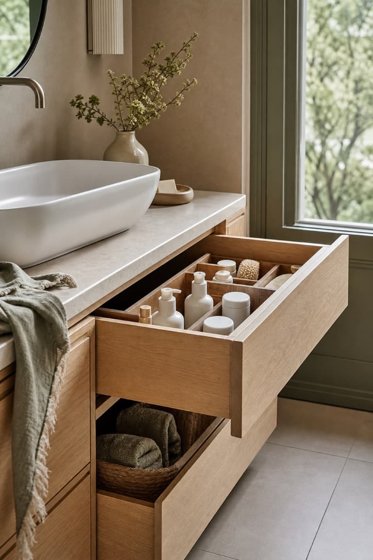 Tiroir de meuble vasque en bois clair organisé avec soins, serviettes et séparateurs pour une salle de bain pratique et élégante.