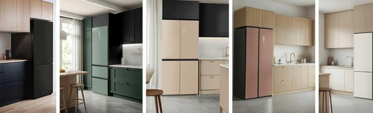Cinq cuisines contemporaines avec réfrigérateurs noir, vert sauge, beige, rose poudré et blanc