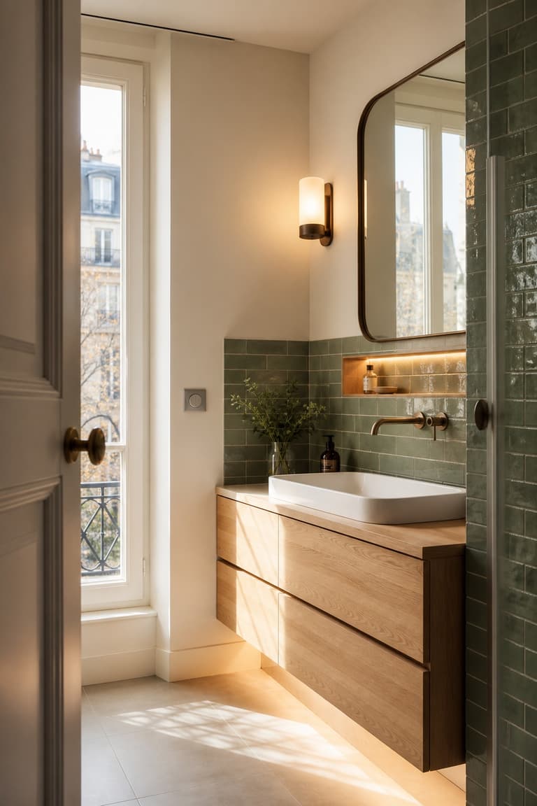 Salle de bain lumineuse avec appliques et éclairage connecté discret autour du meuble vasque