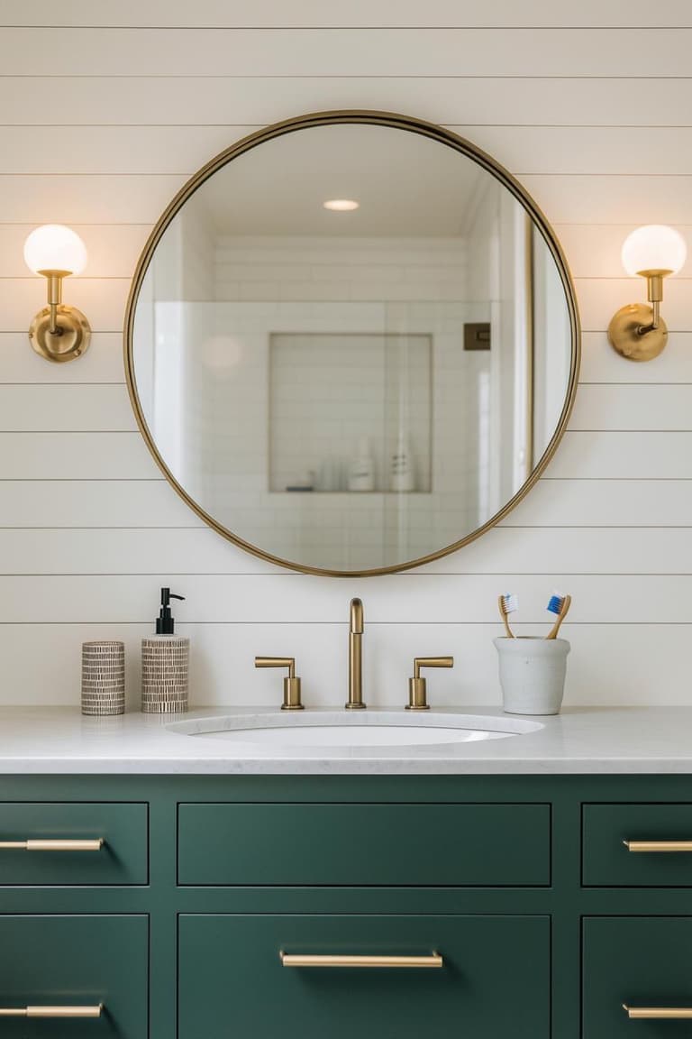 Salle de bain avec meuble vasque vert foncé, miroir rond doré, appliques murales et robinetterie laiton dans une ambiance élégante.
