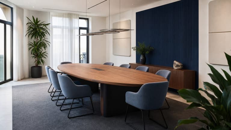 salle de réunion design avec table ovale en noyer, fauteuils bleu grisé et mur bleu profond