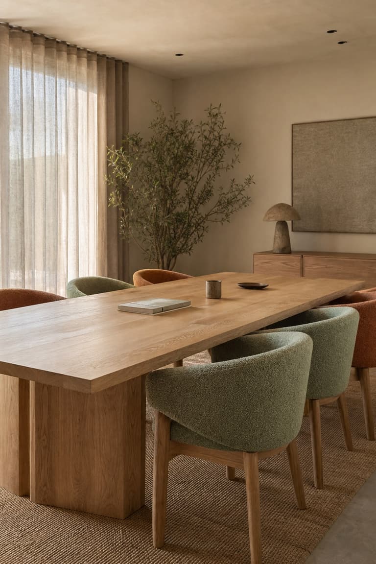 salle de réunion chaleureuse avec table en chêne clair et chaises en textile vert sauge et terracotta