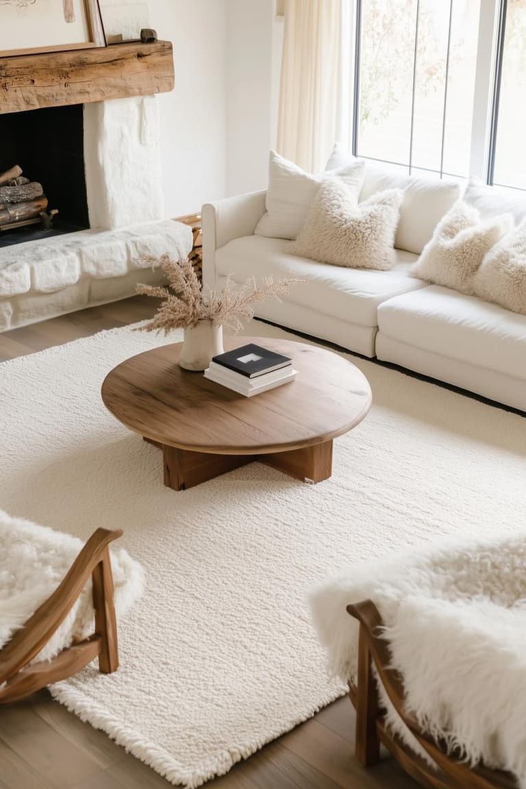 Salon blanc chaleureux avec cheminée en pierre, canapé et coussins écrus, tapis bouclette, fauteuils en bois et table basse ronde