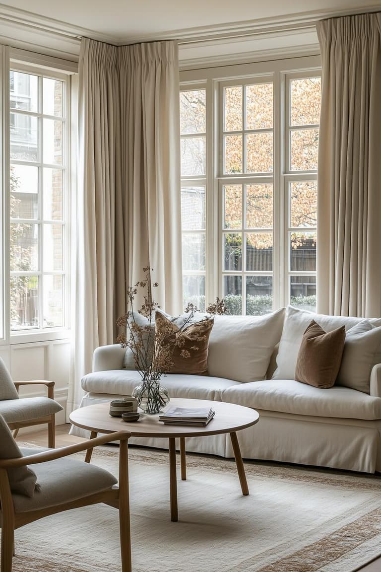 Salon blanc baigné de lumière avec grandes fenêtres, rideaux écrus, canapé blanc, table basse ronde en bois et tapis beige