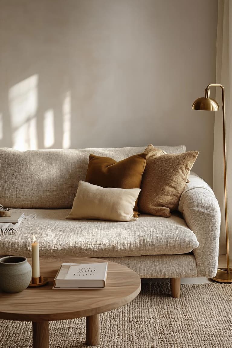 Canapé écru texturé avec coussins caramel et beige, table basse ronde en bois clair, tapis bouclé et lampadaire en laiton dans un salon lumineux