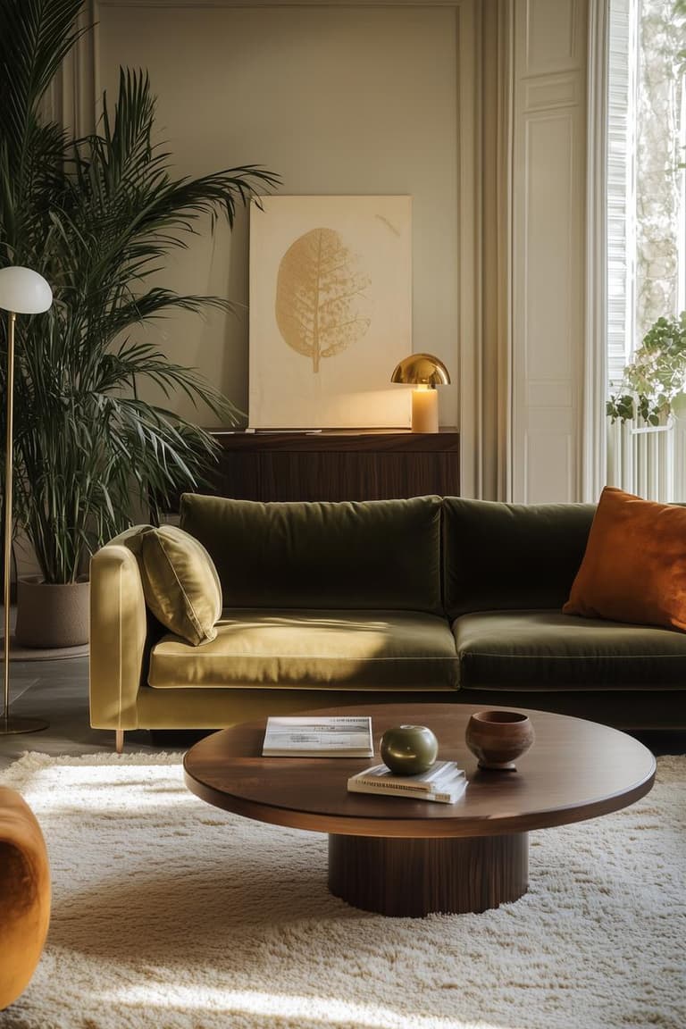 Salon aux moulures écrues avec canapé en velours vert olive, coussin rouille, grande table basse ronde en bois, tapis blanc moelleux et palmier d’intérieur
