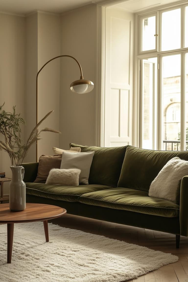 Salon lumineux avec canapé en velours vert olive, coussins écrus, tapis blanc moelleux et table basse ronde en bois