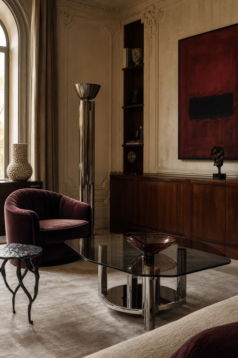 Salon élégant avec fauteuil en velours prune, table en verre et chrome et mobilier en bois sombre