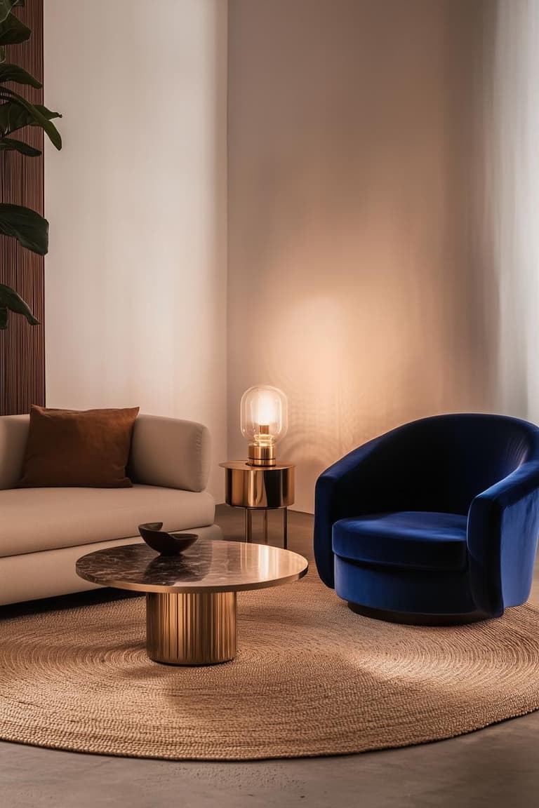 Salon contemporain avec canapé blanc, fauteuil arrondi en velours bleu nuit, tables en métal doré et tapis rond en fibres naturelles