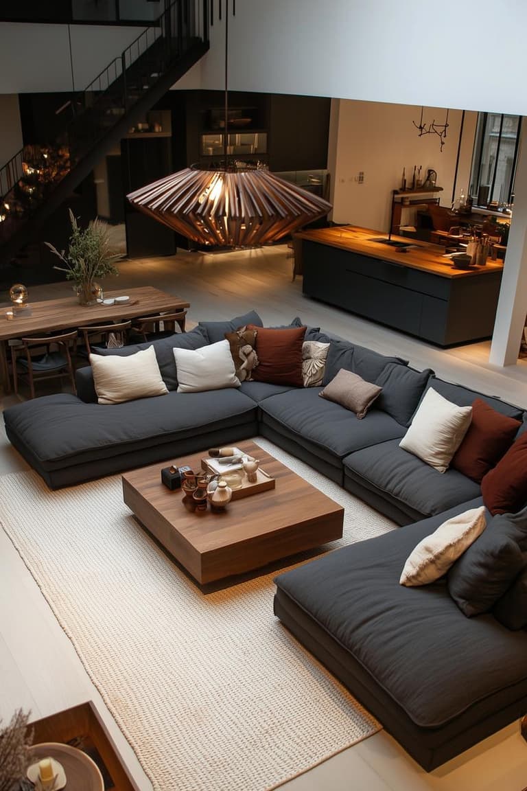 Grand salon sous mezzanine avec canapé modulable gris anthracite, tapis écru, table basse carrée en noyer et cuisine noire ouverte avec îlot en bois