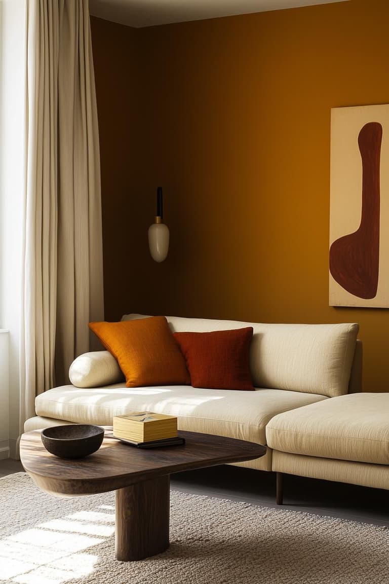 Canapé écru devant un mur ocre brun, coussins orange et terracotta, table basse en bois foncé et grand rideau beige
